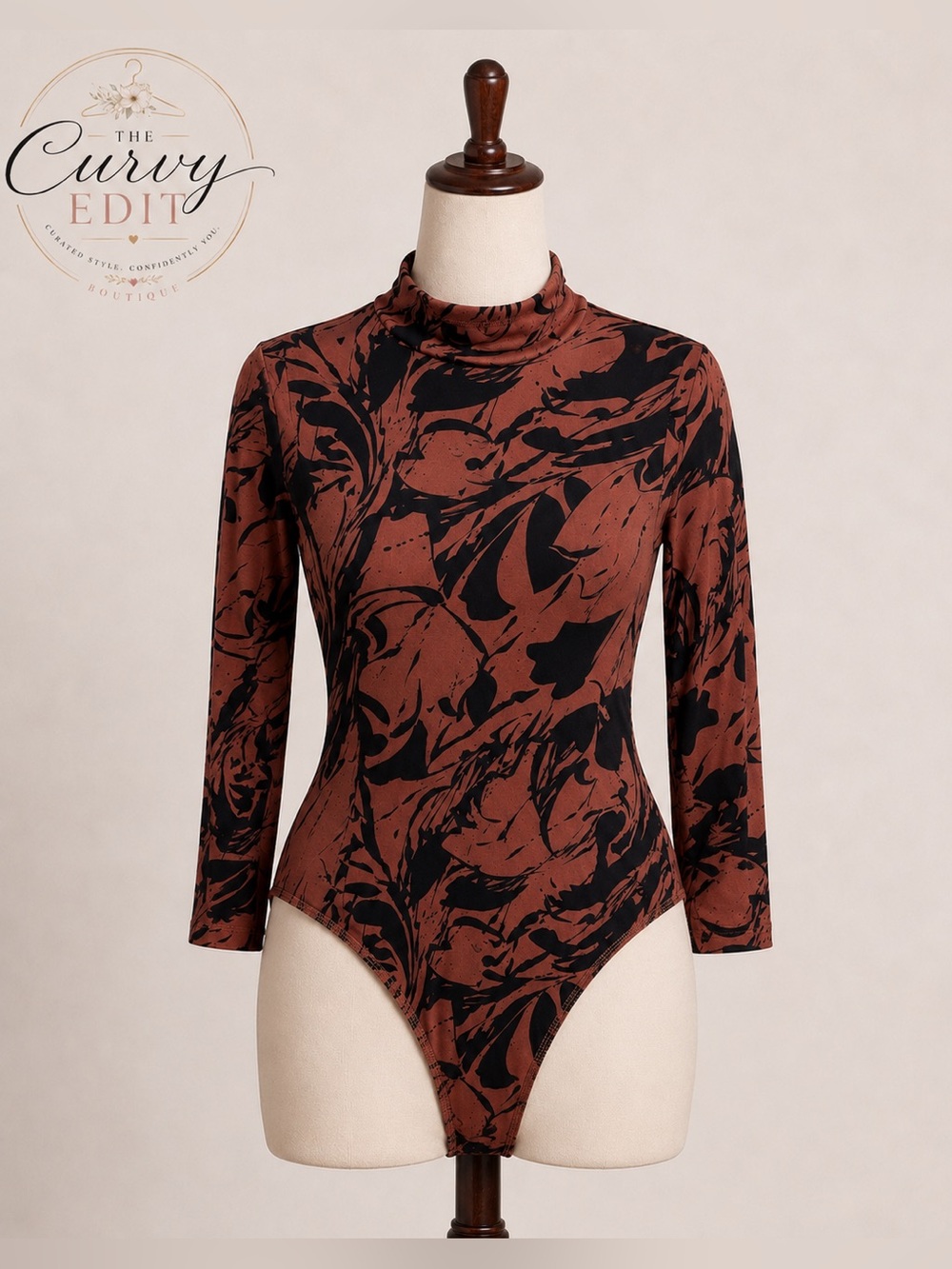 A New Day Brown Black Abstract Print Mock Neck Long Sleeve Bodysuit Size L Chic